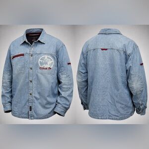Vintage Bugle Boy Denim Shirt Jacket Mens XXXL Blue Since 77 Graphic Utility 90s